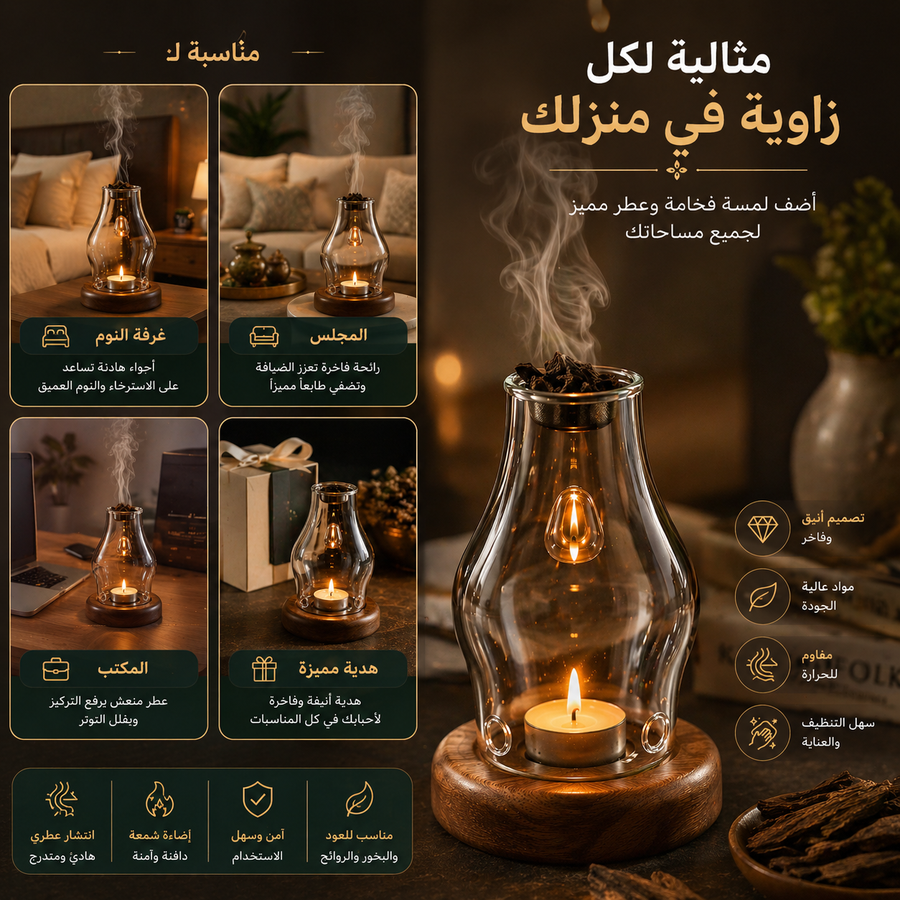 Luxurious Glass Incense Burner - Oud and Bakhour Diffuser with Soft Candlelight