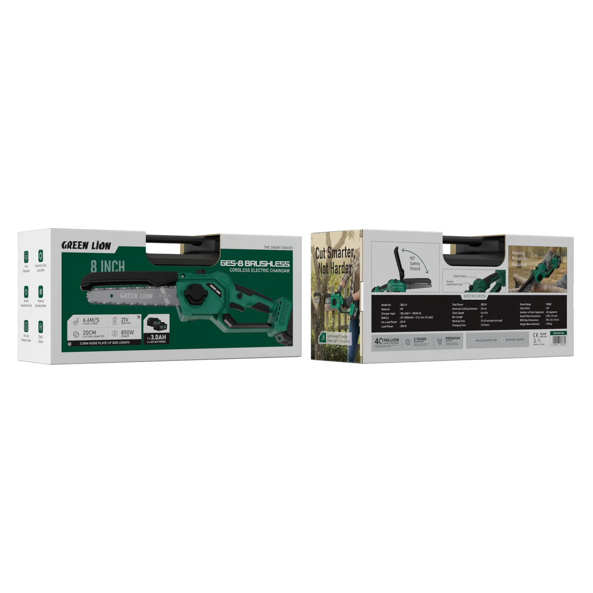 Green Lion GES-8 Brushless Cordless Chainsaw- 8"Bar Length -2*21 V 3.0 Ah Battery – image 11