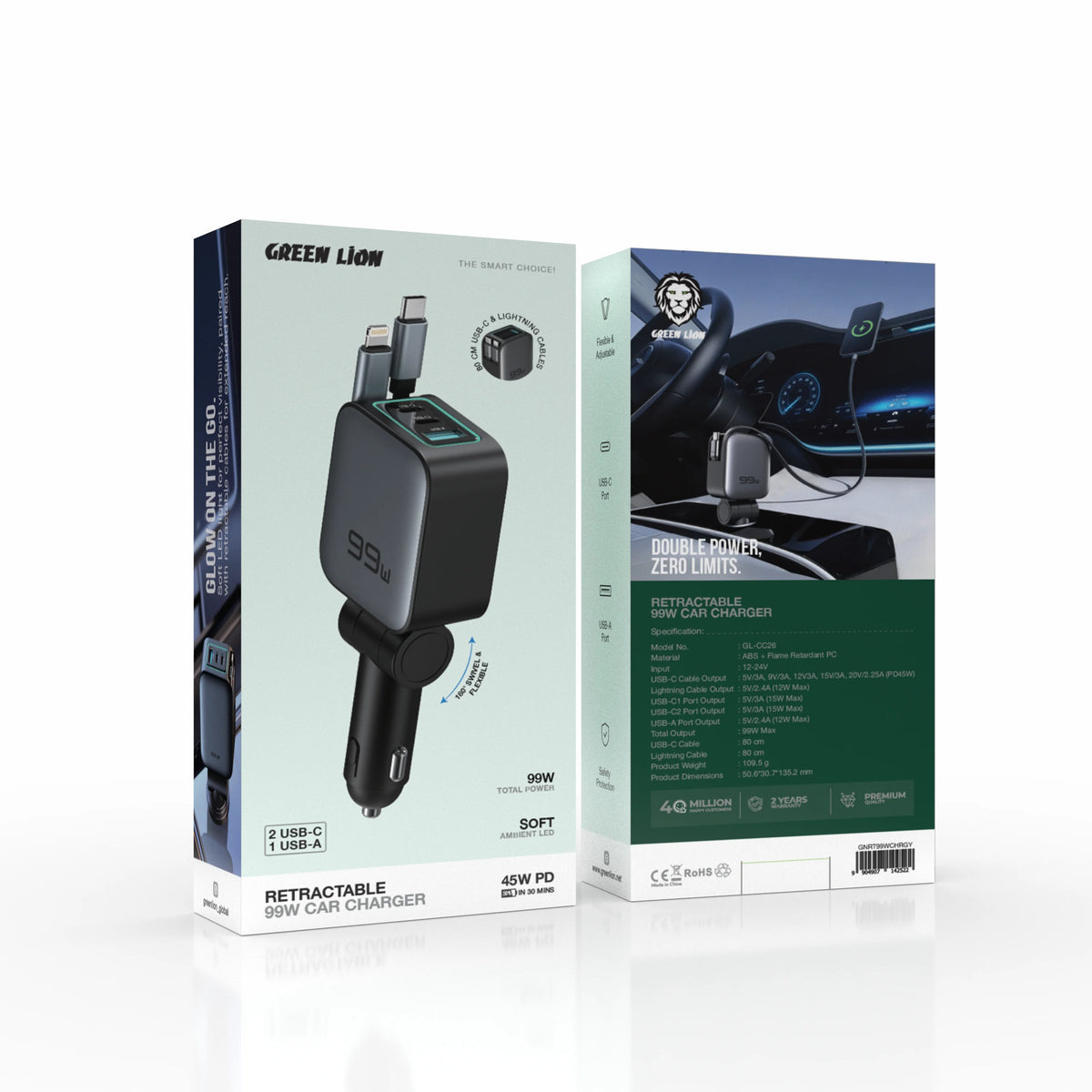 Green Lion Retractable 99w Car Charger Black – image 5