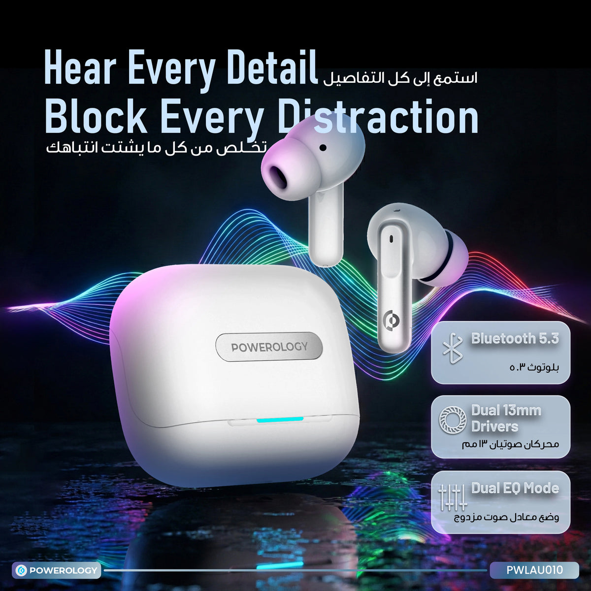 Powerology 6 Mic Hybrid ANC + ENCTrue Wireless Buds - White – image 18
