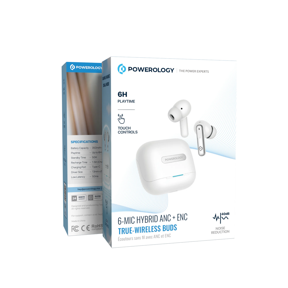 Powerology 6 Mic Hybrid ANC + ENCTrue Wireless Buds - White – image 26