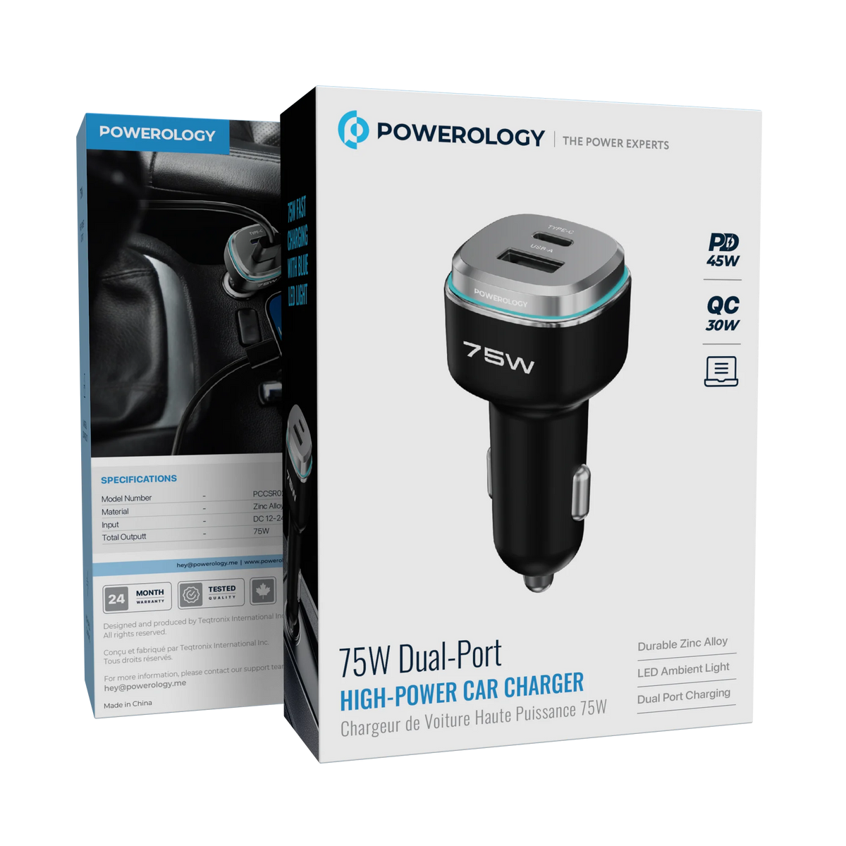 Powerology 75 W Dual-Port High-Power Car Charger - Black/Silv er – image 8