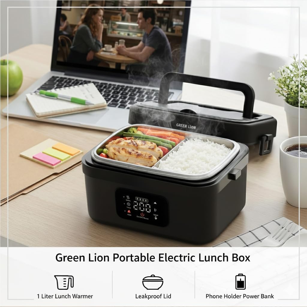 علبة غداء كهربائية محمولة من Green Lion - 8000mAh - أسود