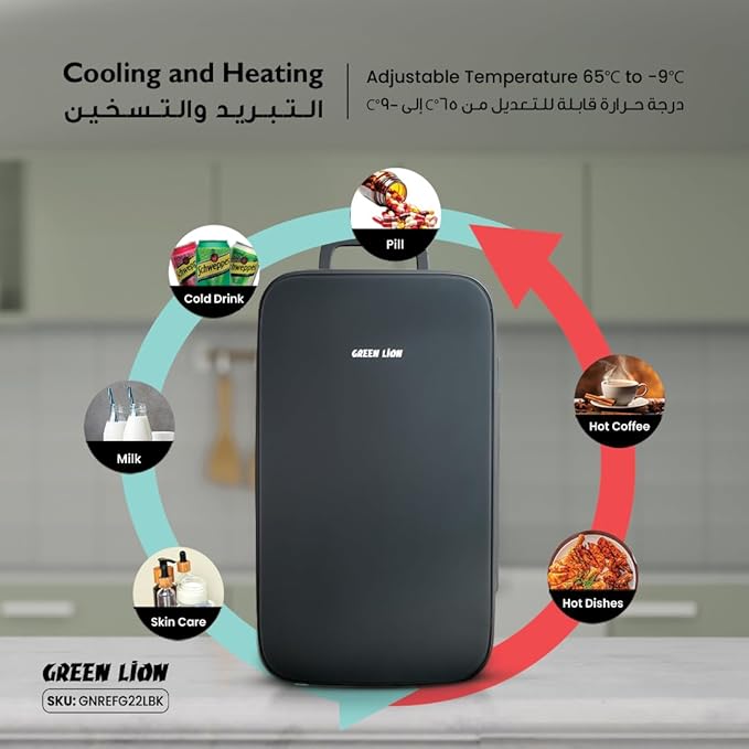 Green Lion Portable Mini Fridge, 22L Capacity, Cooling and Warming Function, AC/DC 65W, Compact and Low Noise Design, Black