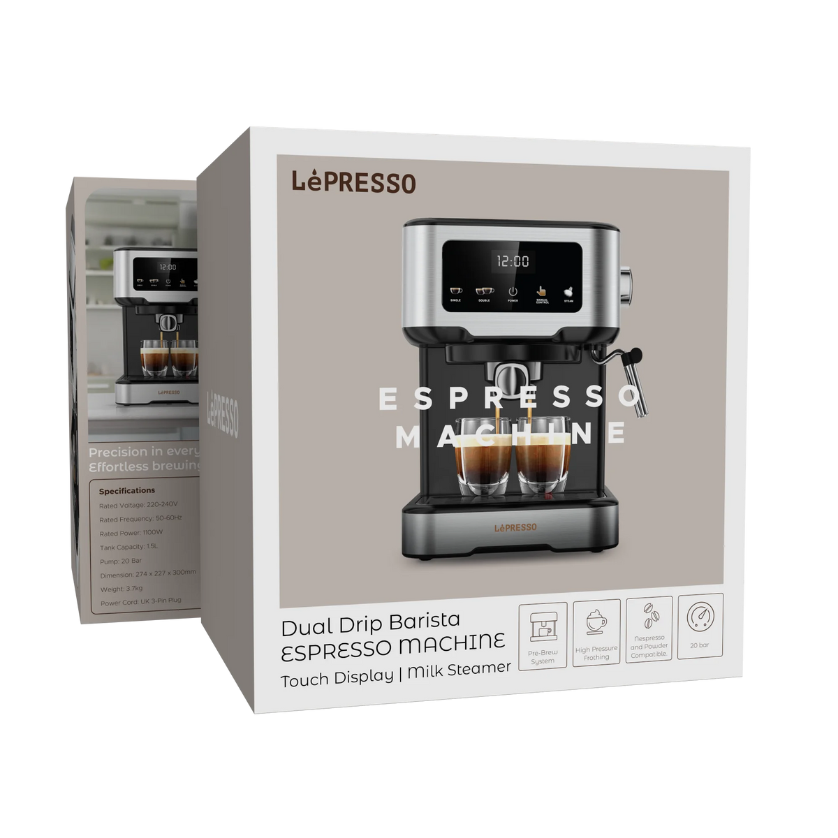 LePresso Dual Drip Barista Espresso Machine with Touch Display Milk Steamer Black – image 14