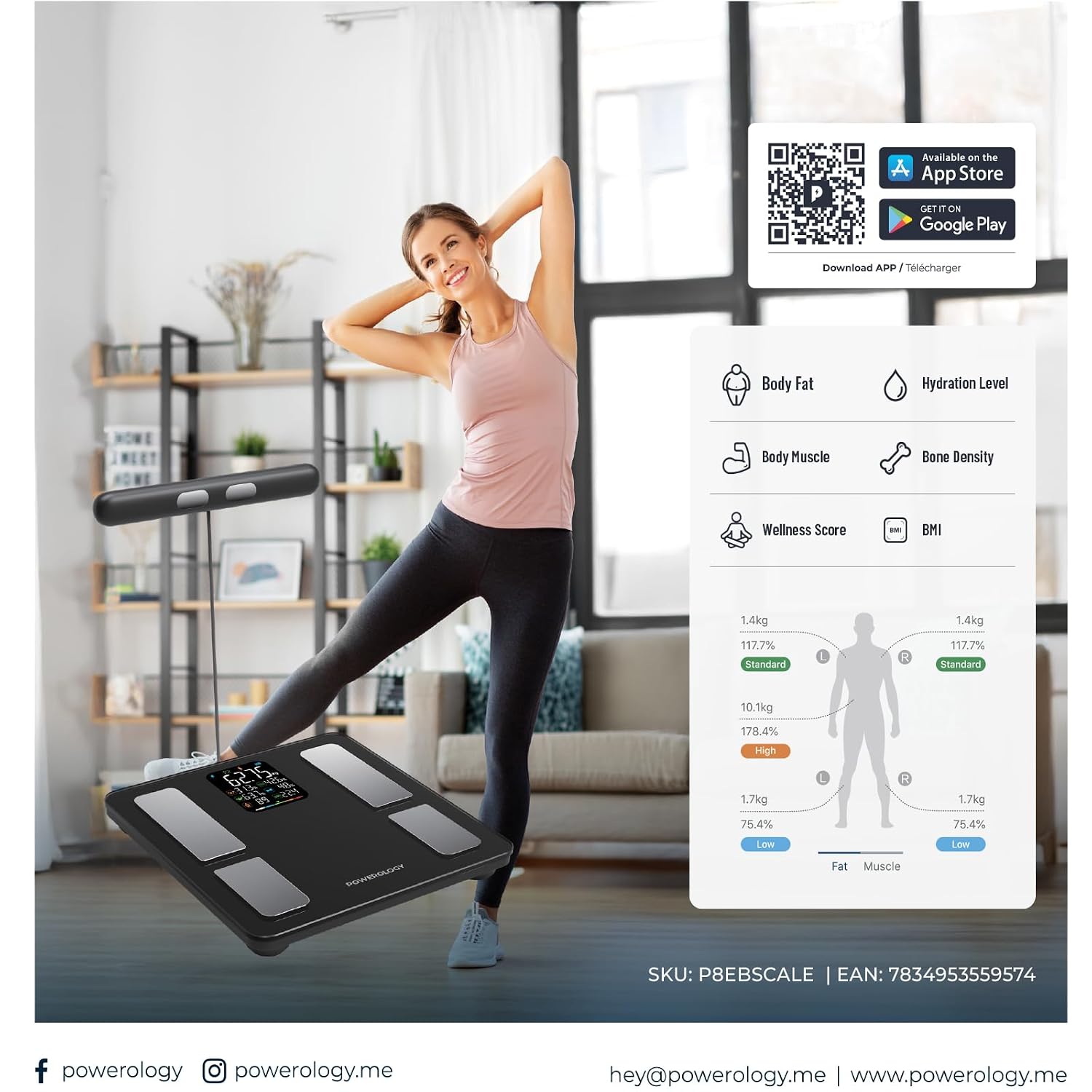 Powerology Smart Scale with Bluetooth, Body Fat Scale with 8-Electrode