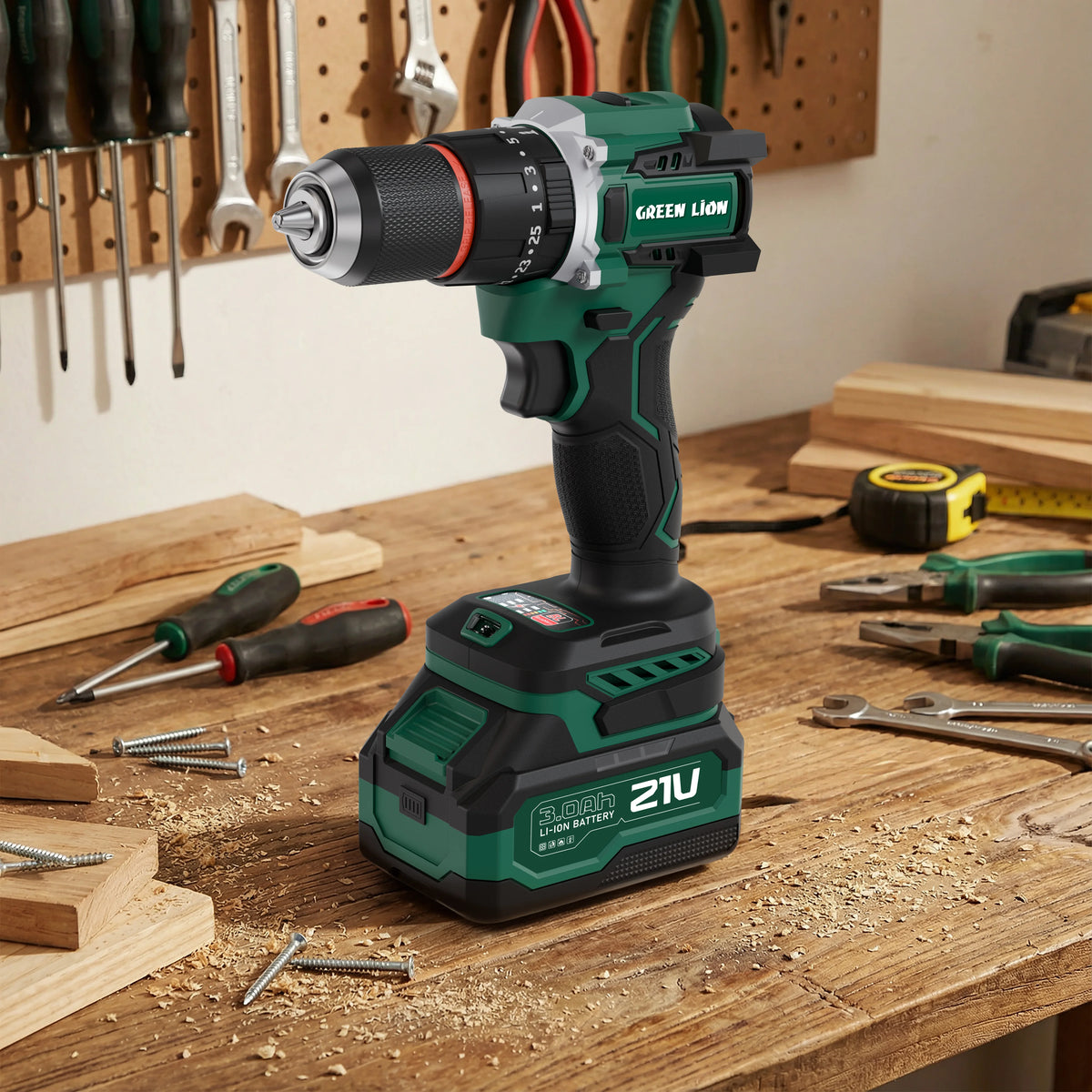 Green Lion Gd 16 Pro Drive Cordless Hammer Drill 2 21v 3 0ah Battery Green – image 5