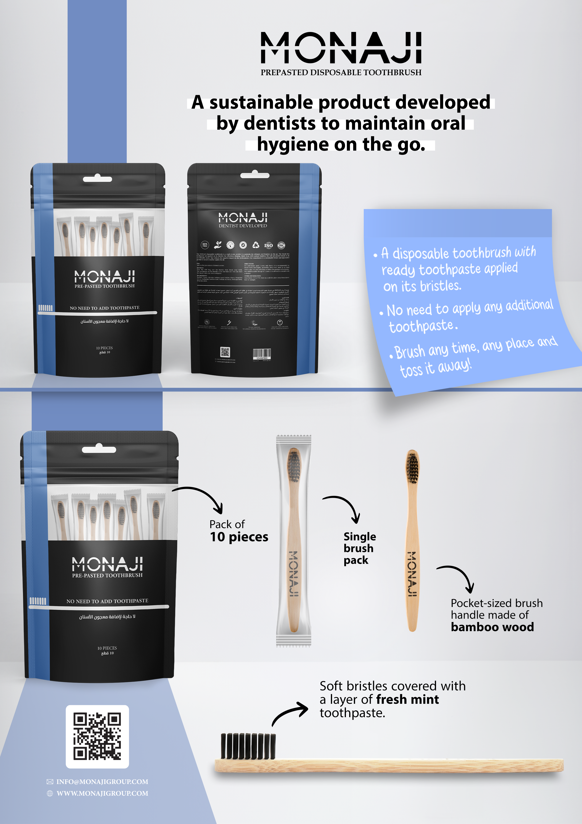 Monaji Prepasted Bamboo Toothbrush | Pack of 10
