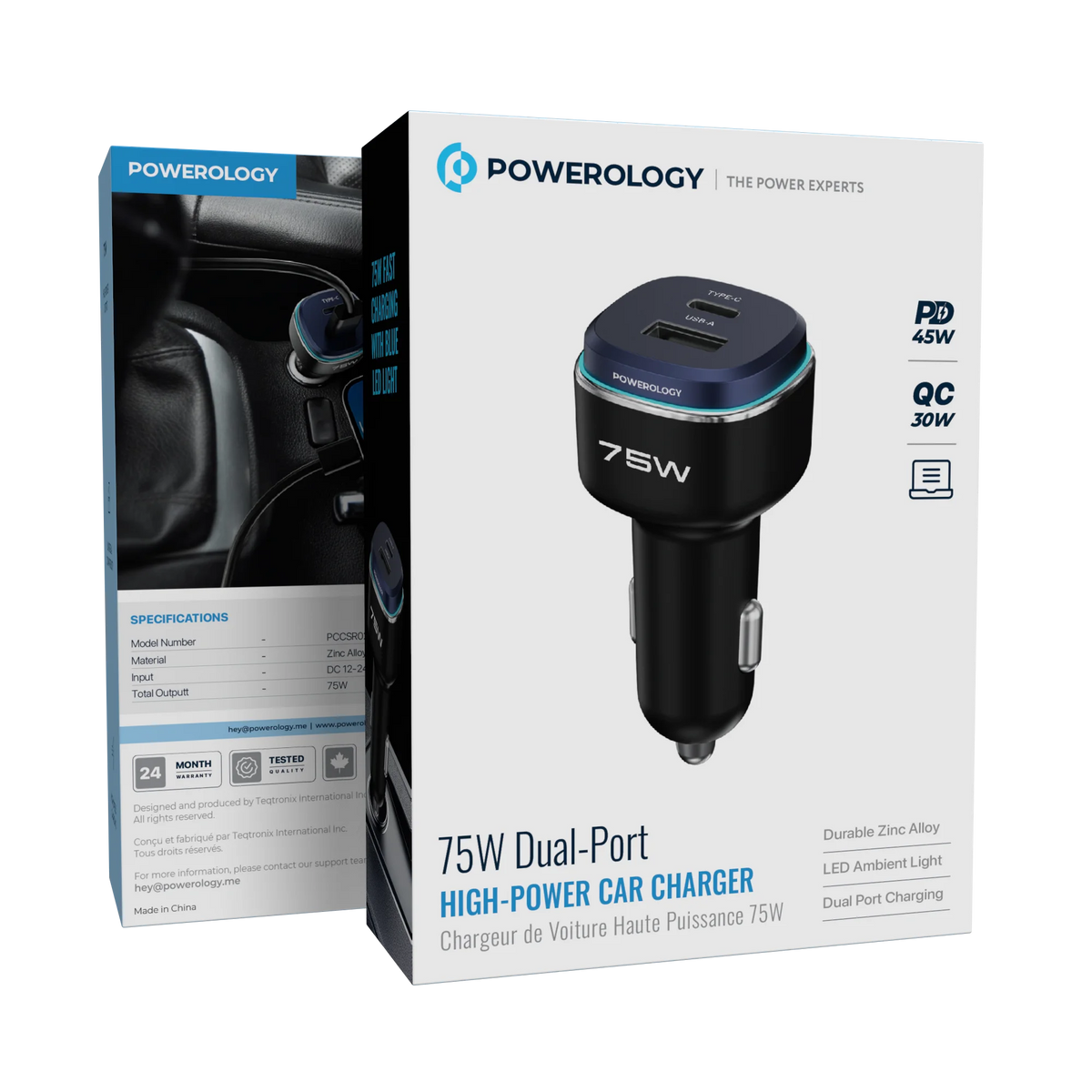 Powerology 75 W Dual-Port High-Power Car Charger - Black/Silv er – image 9
