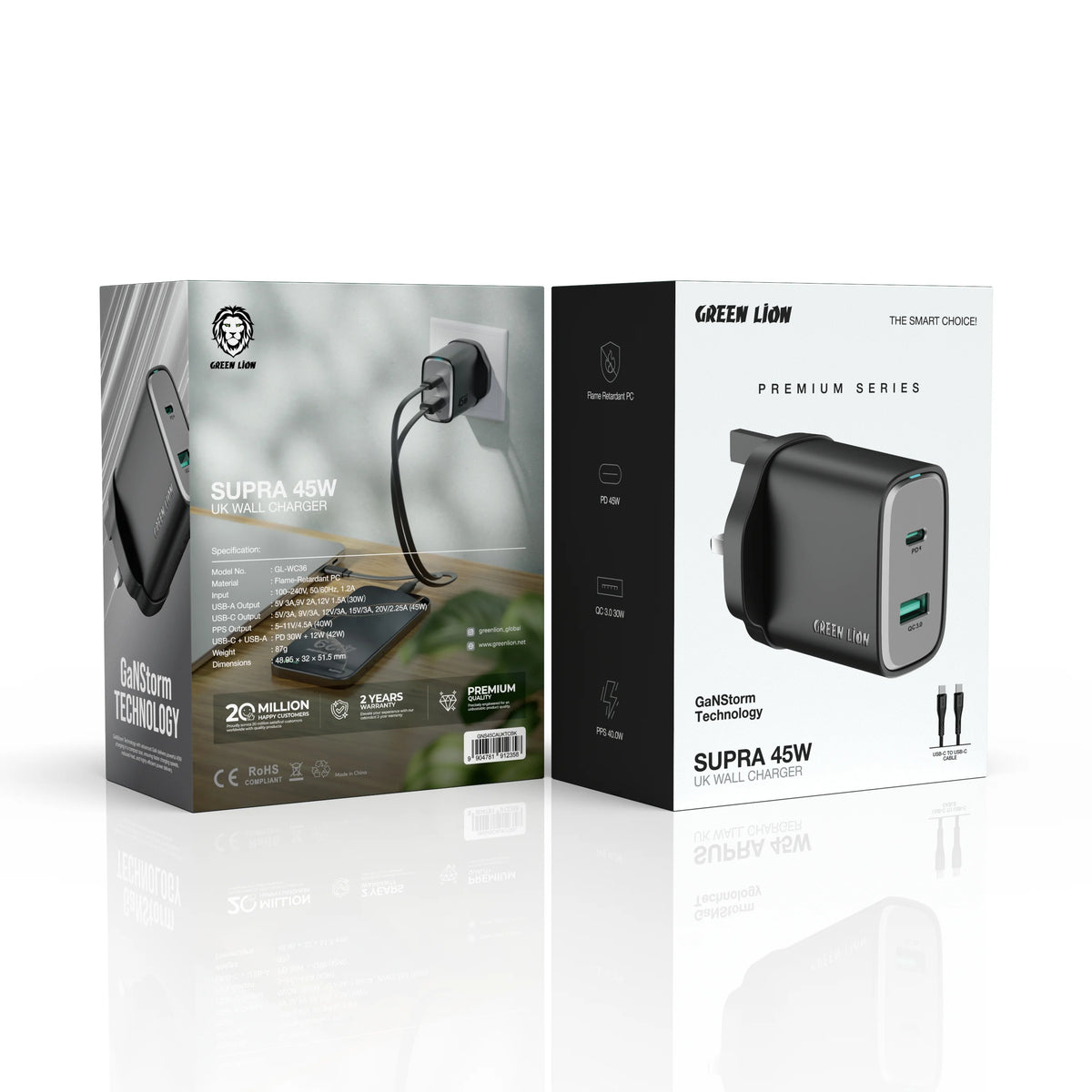 Green Lion Supra 45 WUK Ga NWall Charger USB-A& USB-CPortswith CTo C Cable - Black – image 3