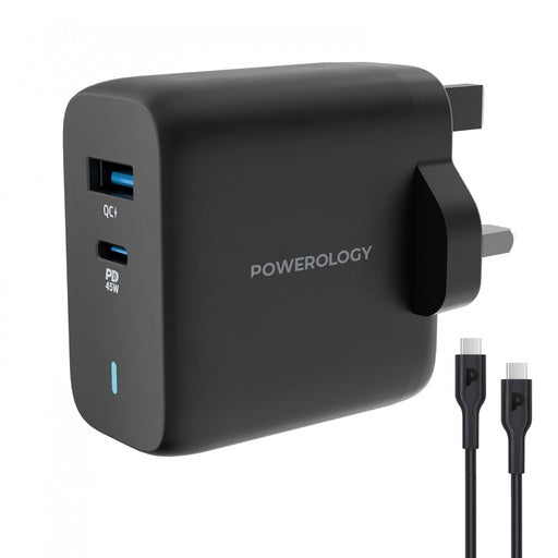 Powerology 63w Ultra Quick Gan Charger 45w PD USB A Quick Charge 18wqc3 0 with 60w Type C to Type C Cable