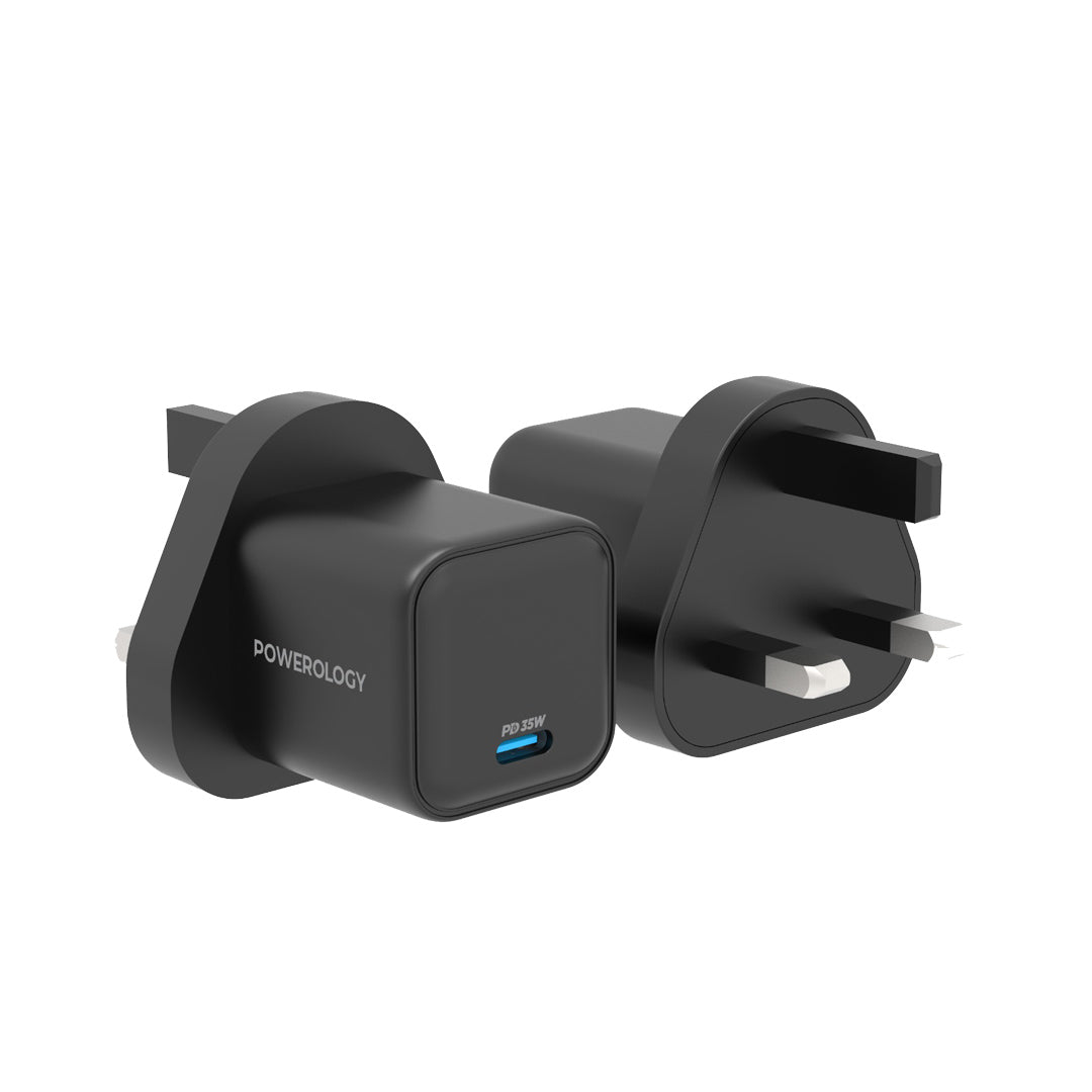 Powerology 35w Single Port Type C Gan Charger with Uk Plug Black