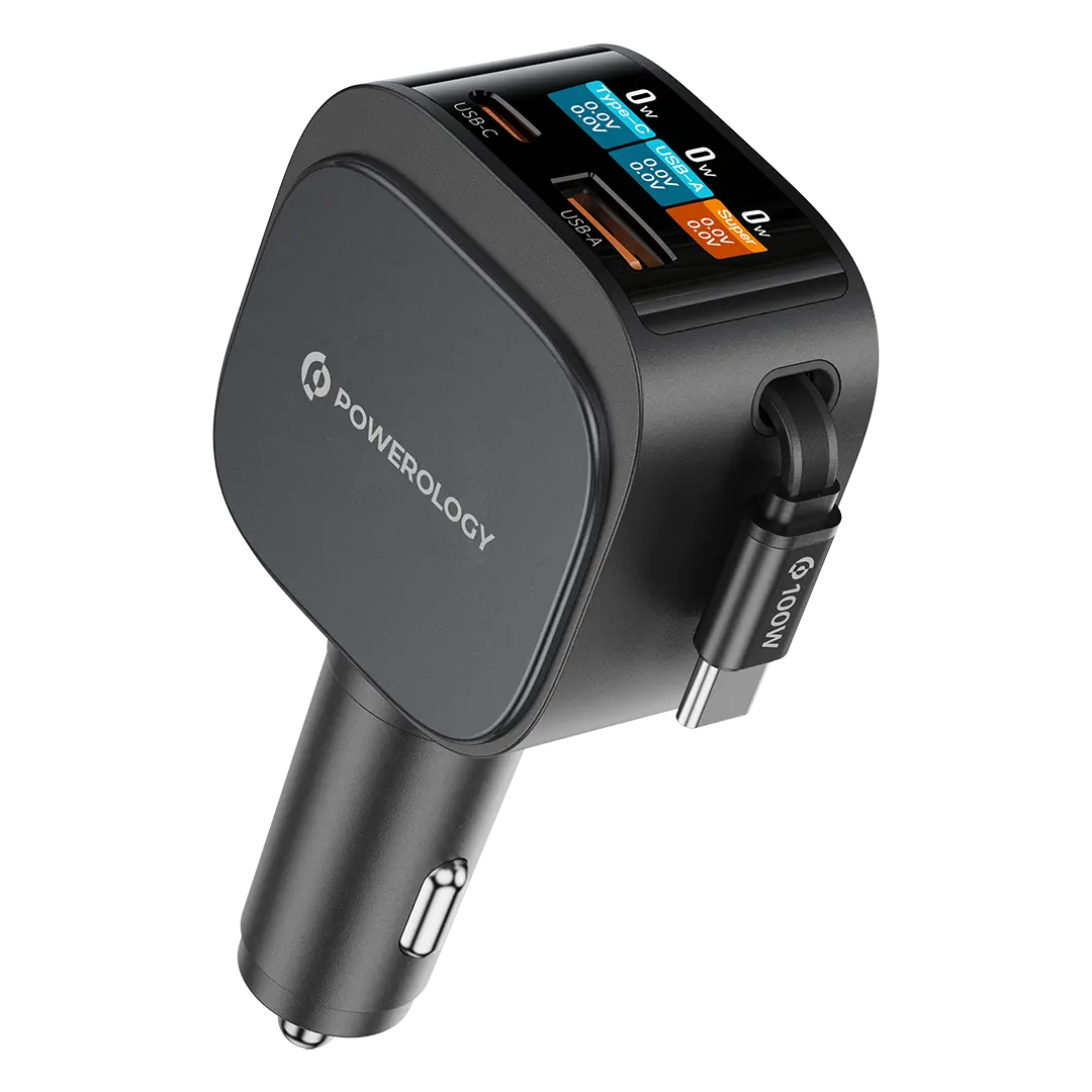 Powerology Voltmax 130w Pro Fast Car Charger with Retractable Cable Black