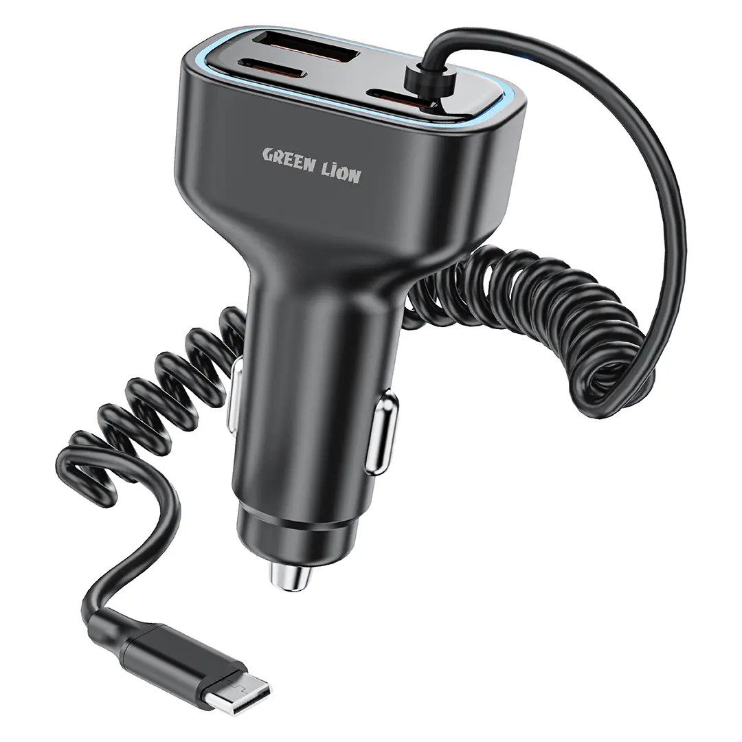 Green Lion 90w Car Charger with Dual PD Built in USB C Cable USB A Grey