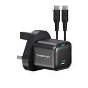 Powerology 20w Single C Port PD Charger Uk with Type C to C 60w Cable Black