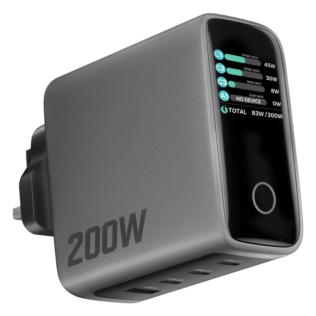 Powerology Helion 4 Port 200w Gan Wall Charger Grey