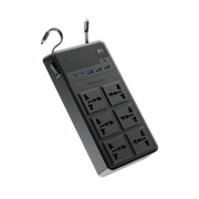 Powerology 2500w 6ac Power Strip with Built in Retractable Cables Black