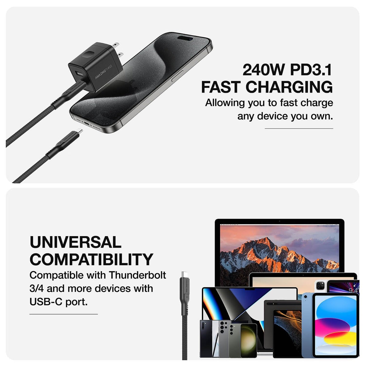 كابل يو اس بي 240 واط 1.2 متر من أمازينغ ثينغ Amazingthing Thunder Pro Usb-C To Usb-C 5.0A 240W Gen2 1.2M Cable