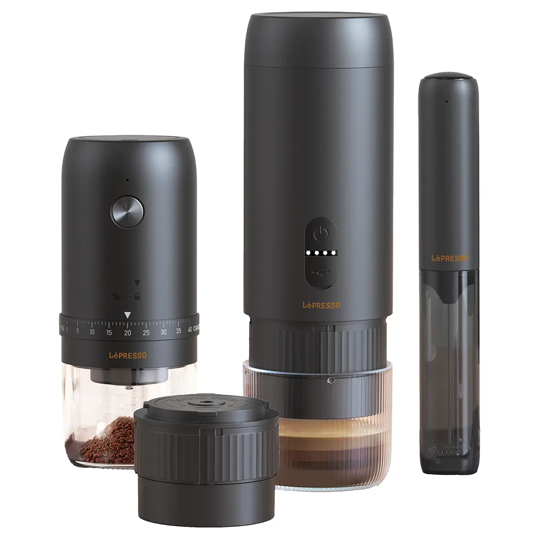 LePresso Brewology Coffee Kit Espresso Maker Rechargeable Grinder Milk Frother Black