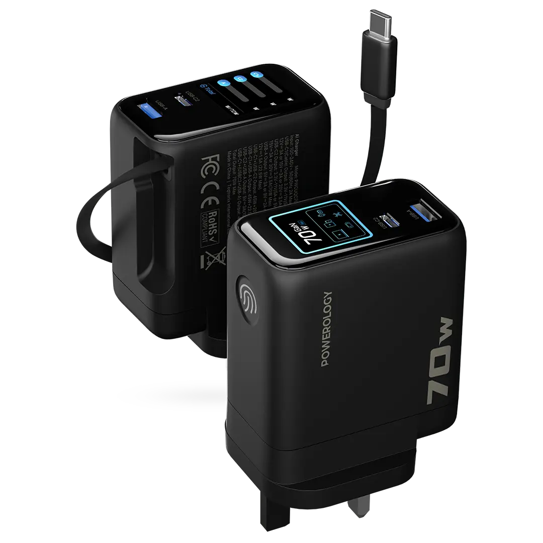 Powerology 70w Tft Adapter with Retractable Type C Cable Black