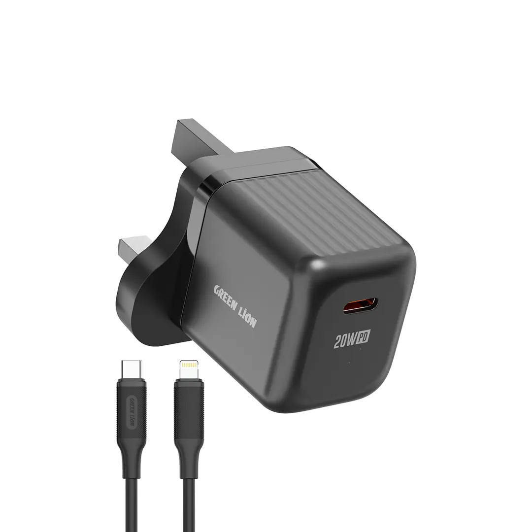 Green Lion Ultra Compact Gan Wall Charger Uk Pin USB C 20w with C to L Black