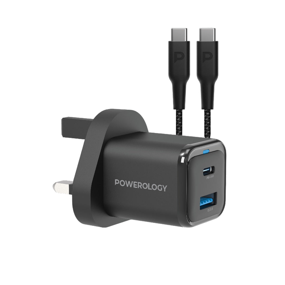 Powerology 35w PD QC 1xusb C 35w and 1xusb A 18w Gan Charger Uk with Type C to C 60w Black