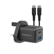 Powerology 35w PD QC 1xusb C 35w and 1xusb A 18w Gan Charger Uk with Type C to C 60w Black