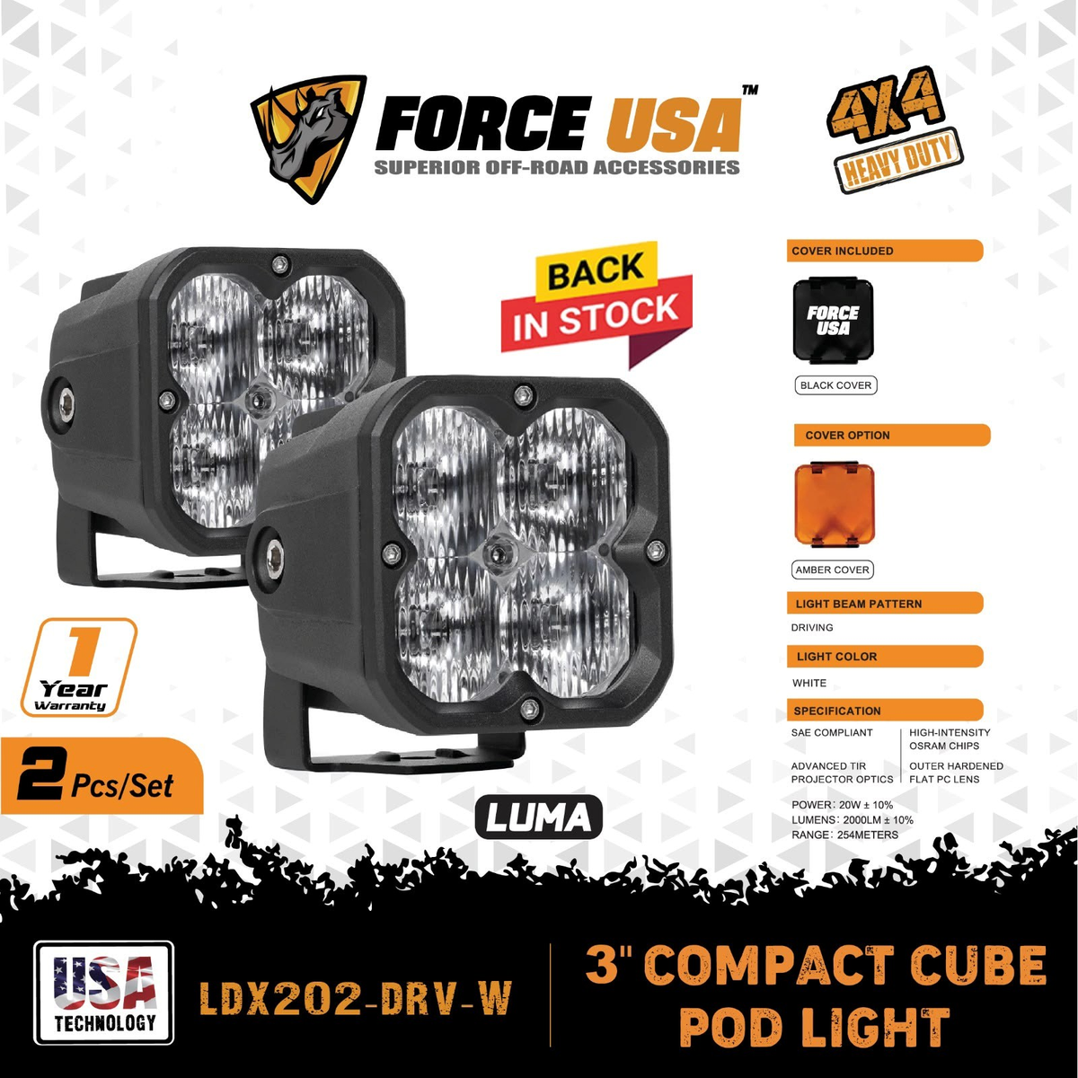 مصابيح لُوما للقيادة 3 بوصات - أبيض (زوج) | FORCE USA LUMA 3" POD LIGHT DRIVING WHITE (PAIR)