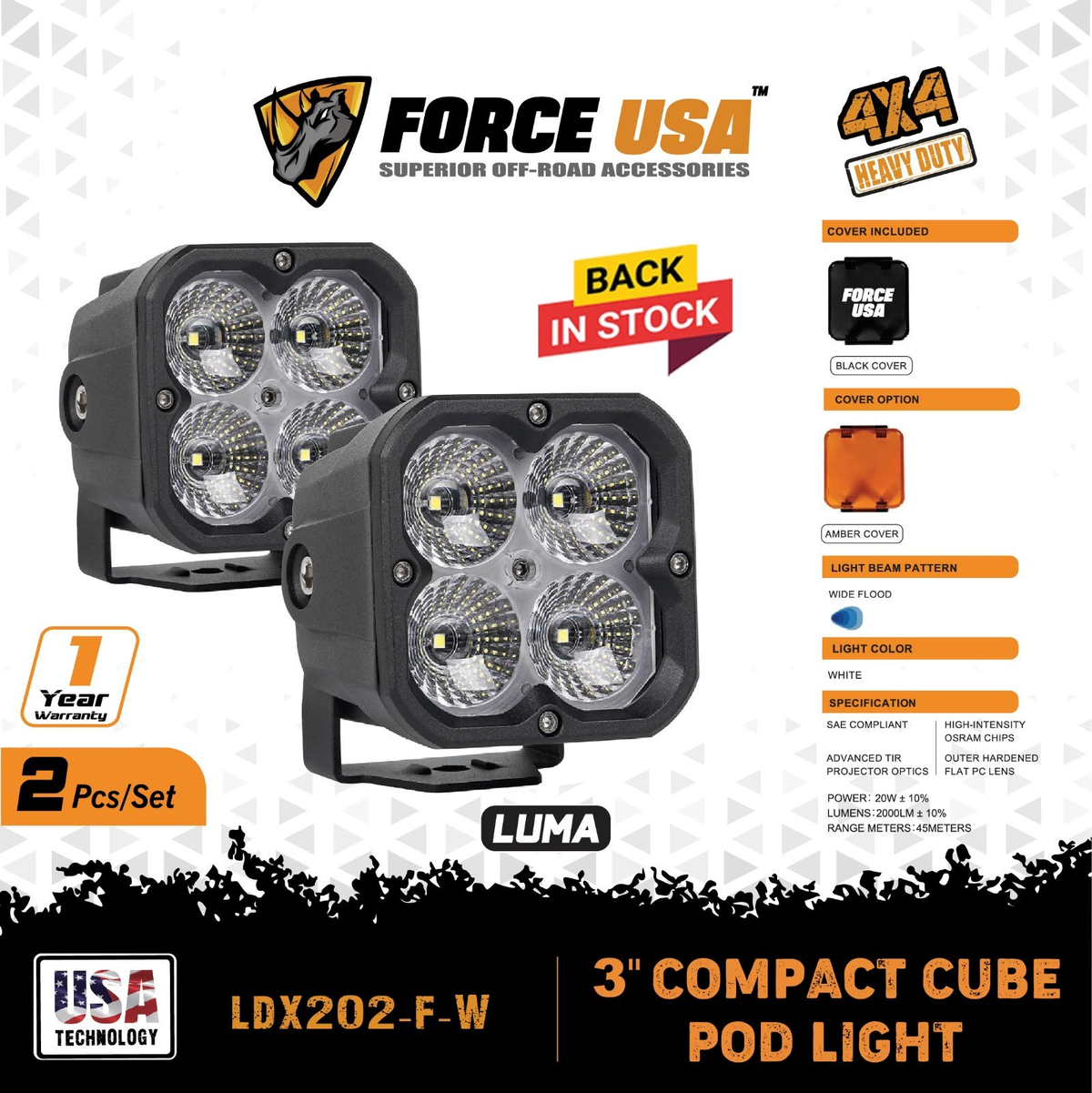 مصابيح لُوما واسعة 3 بوصات - أبيض (زوج) | FORCE USA LUMA 3" POD LIGHT FLOOD WHITE (PAIR)1*3PCS