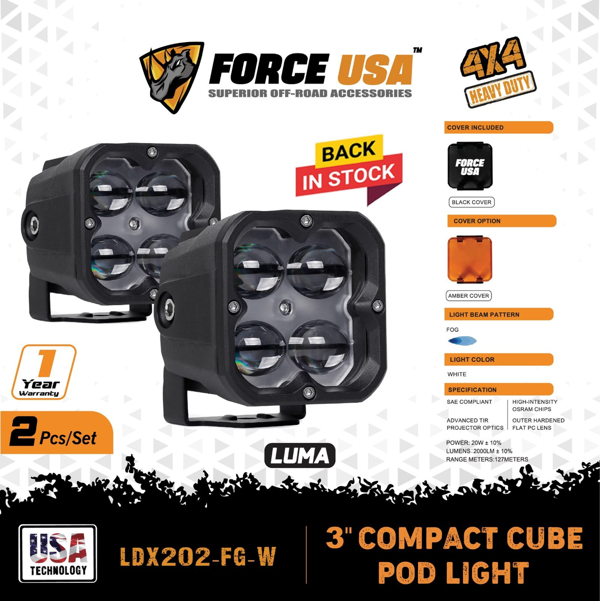 مصابيح لُوما ضبابية 3 بوصات - أبيض (زوج) | FORCE USA LUMA 3" POD LIGHT FOG WHITE (PAI)