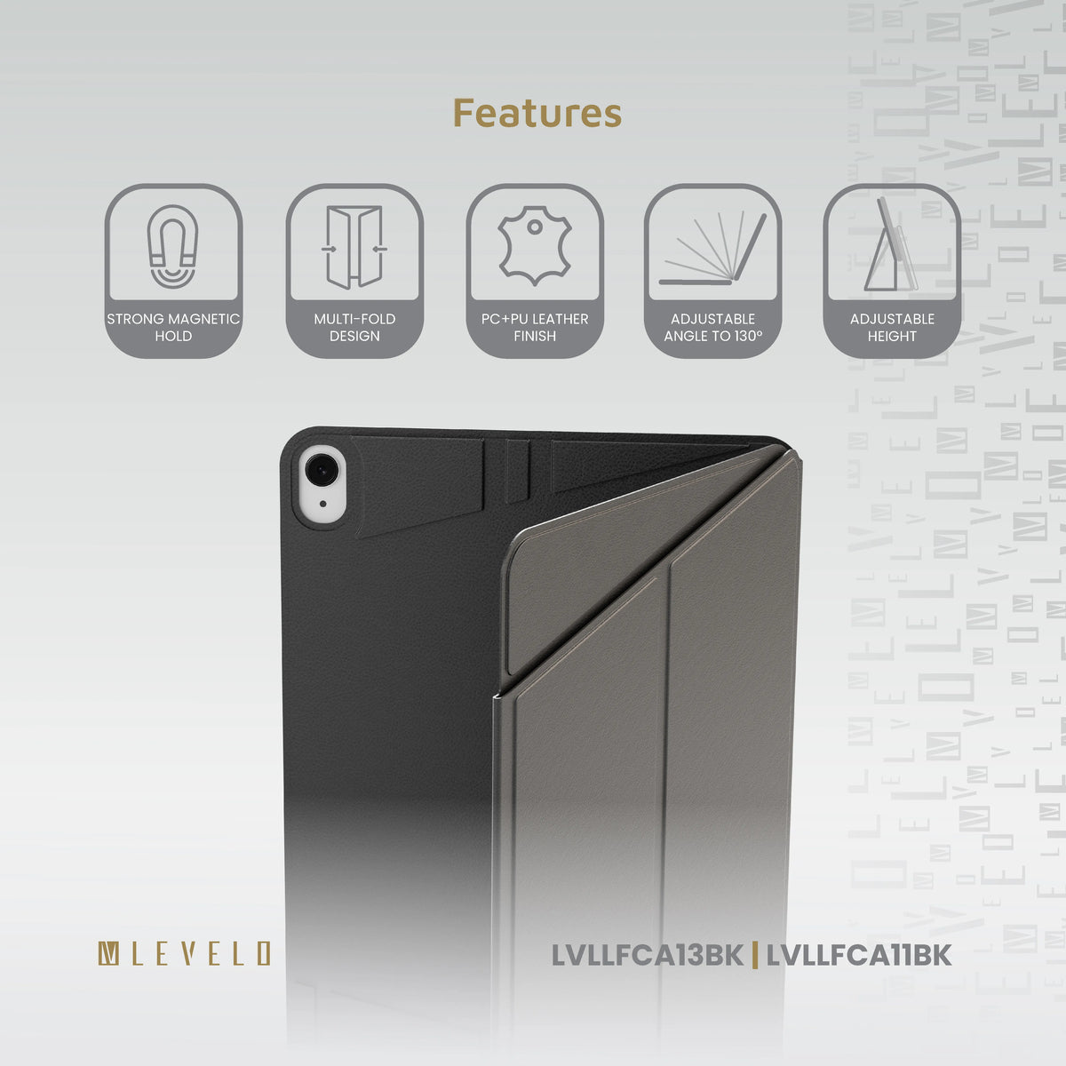 غطاء ليفيلو Luxora Folio لآيباد برو وإير – بمسند قابل للتعديل – تفاصيل المنتج والعبوة
