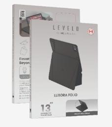 غطاء ليفيلو Luxora Folio لآيباد برو وإير – بمسند قابل للتعديل – تفاصيل المنتج والعبوة