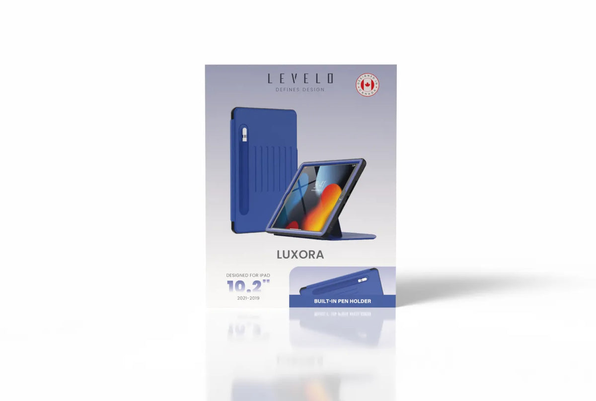 غطاء ليفيلو Luxora لآيباد – حامل قلم وجيوب بطاقات – تفاصيل المنتج والعبوة