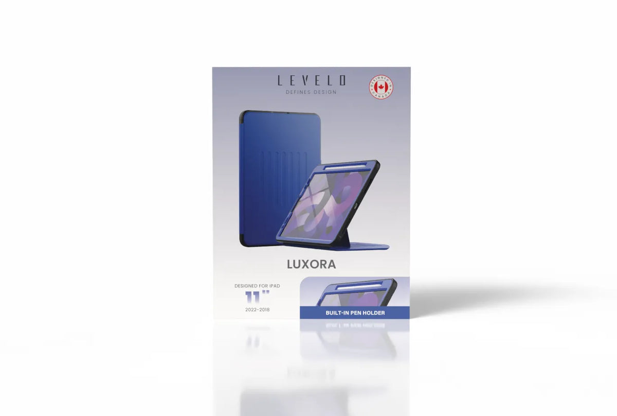 غطاء ليفيلو Luxora لآيباد – حامل قلم وجيوب بطاقات – تفاصيل المنتج والعبوة