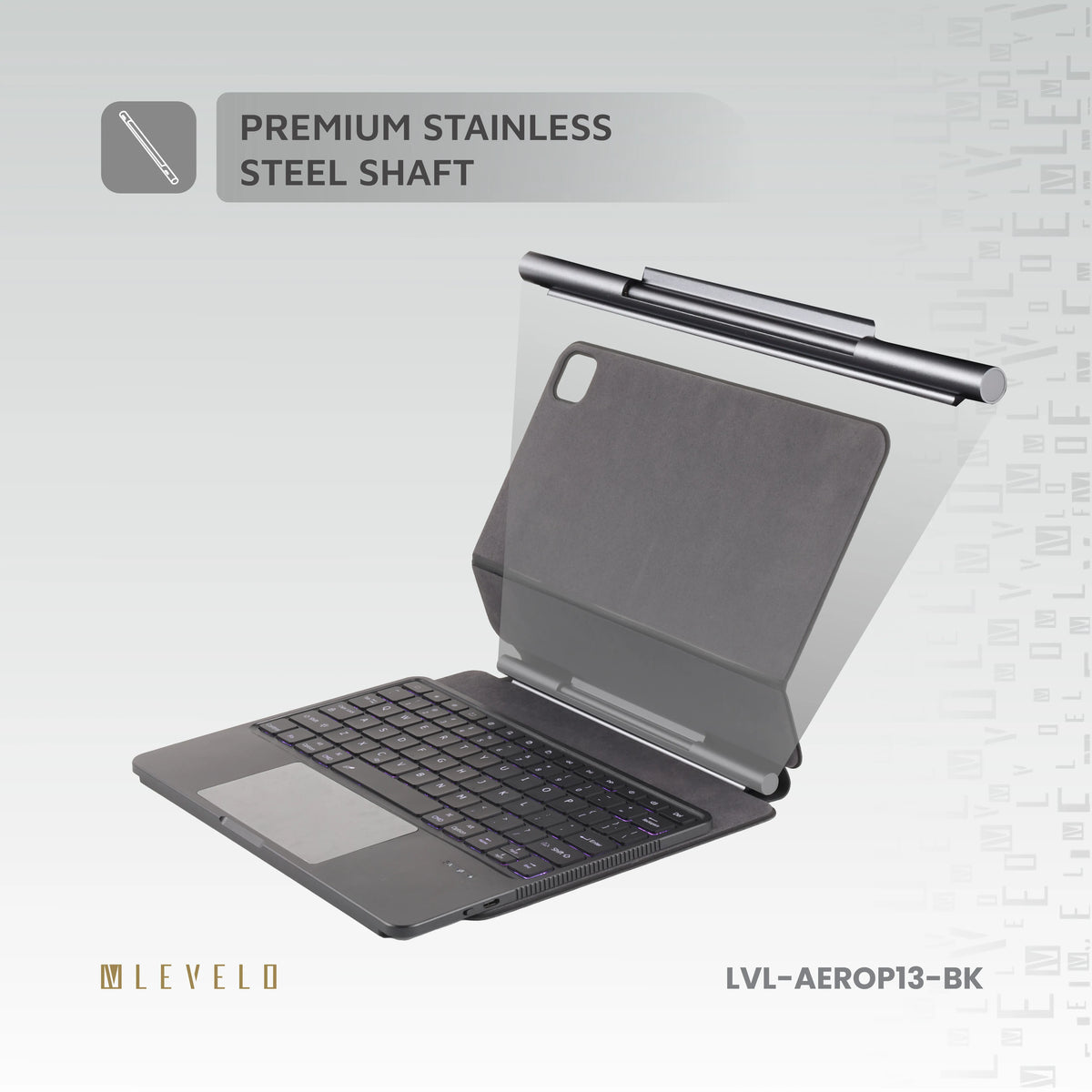 لوحة مفاتيح لاسلكية ليفيلو AeroBoard Pro لآيباد برو 2024 – أسود – تفاصيل المنتج والعبوة