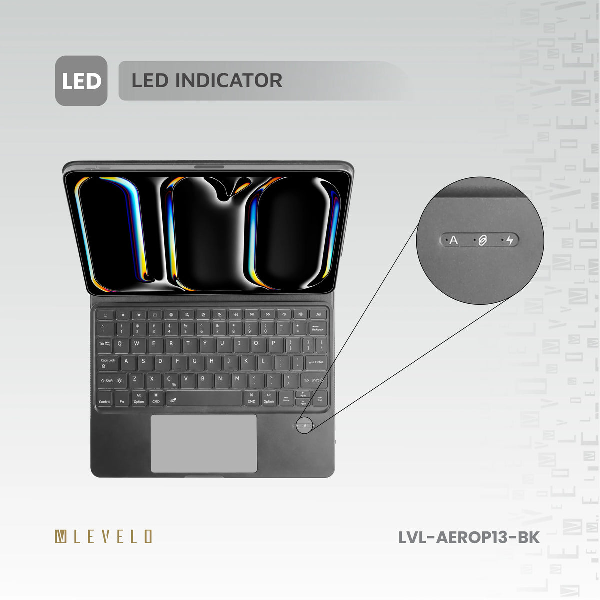 لوحة مفاتيح لاسلكية ليفيلو AeroBoard Pro لآيباد برو 2024 – أسود – تفاصيل المنتج والعبوة