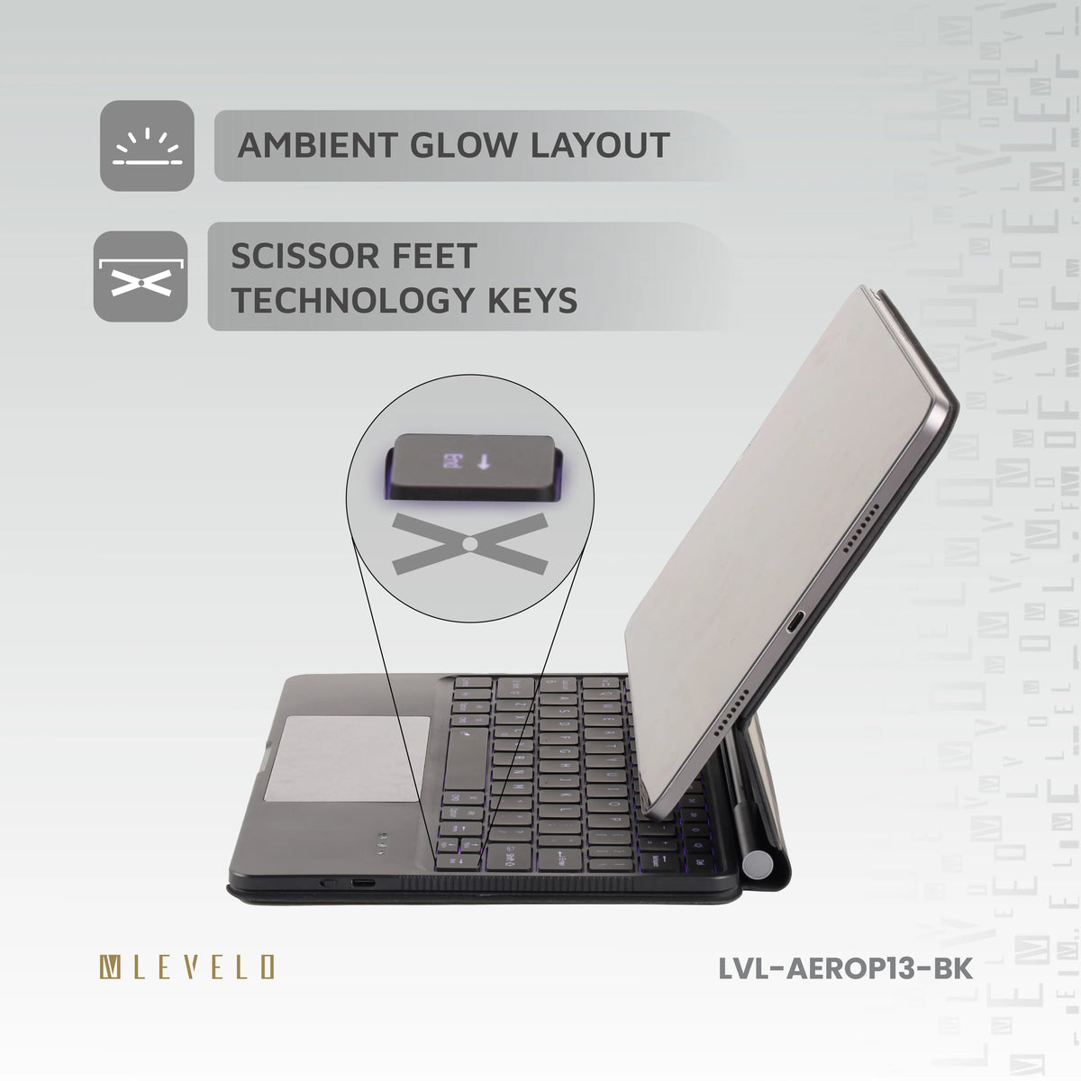 لوحة مفاتيح لاسلكية ليفيلو AeroBoard Pro لآيباد برو 2024 – أسود – تفاصيل المنتج والعبوة
