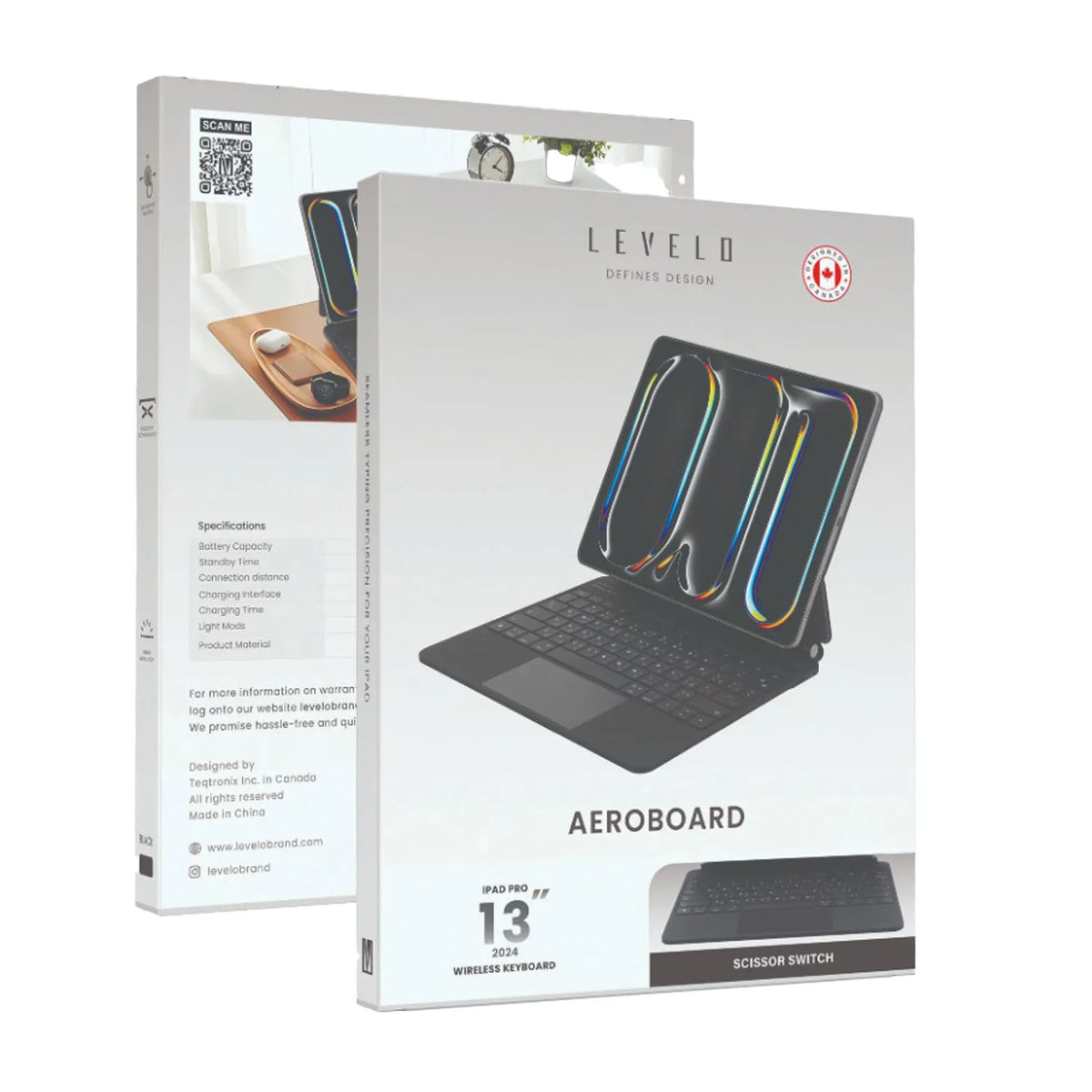 لوحة مفاتيح ليفيلو AeroBoard اللاسلكية لآيباد Pro ‏2024 – أسود – تفاصيل المنتج والعبوة