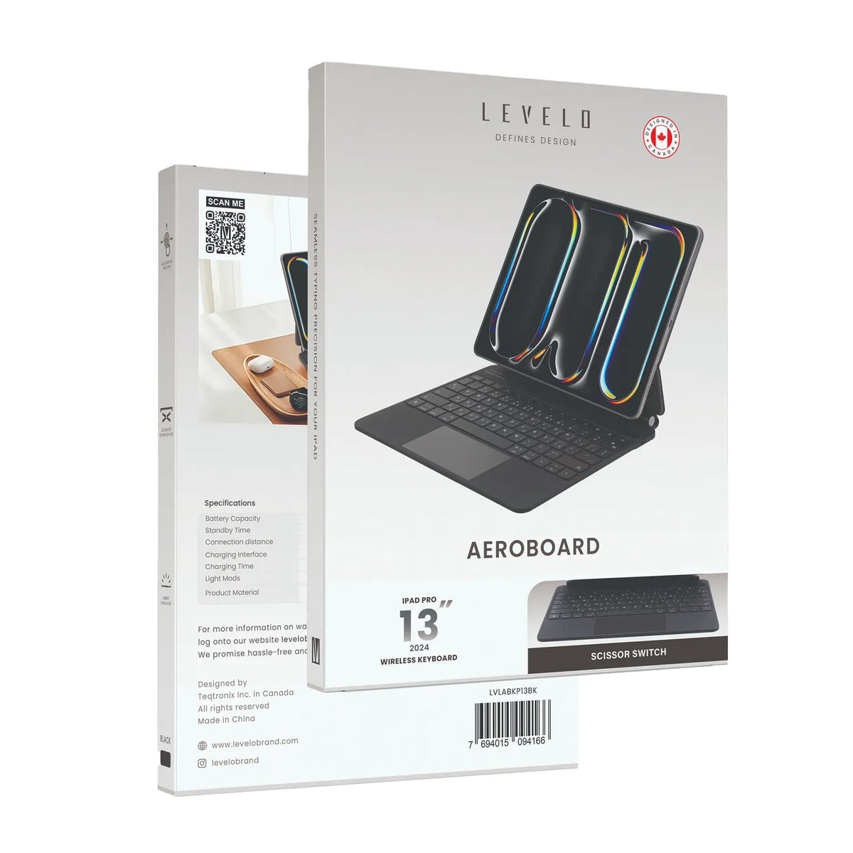 لوحة مفاتيح ليفيلو AeroBoard اللاسلكية لآيباد Pro ‏2024 – أسود – تفاصيل المنتج والعبوة