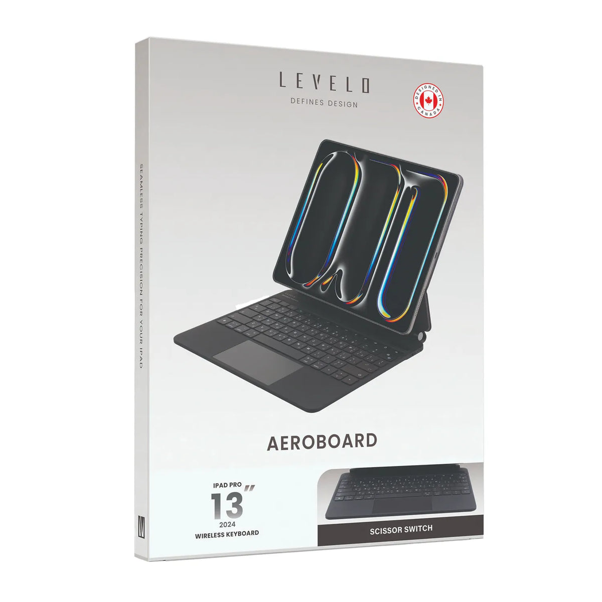 لوحة مفاتيح ليفيلو AeroBoard اللاسلكية لآيباد Pro ‏2024 – أسود – تفاصيل المنتج والعبوة