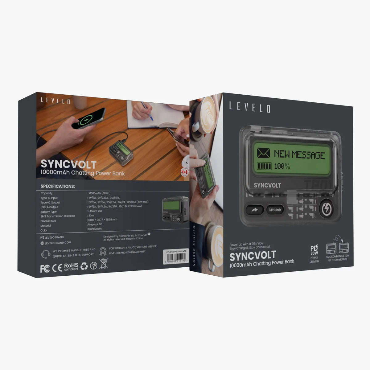 باور بانك ليفيلو Syncvolt سعة 10000mAh بقدرة 30W وتصميم بيجر – شبه شفاف – تفاصيل المنتج والعبوة