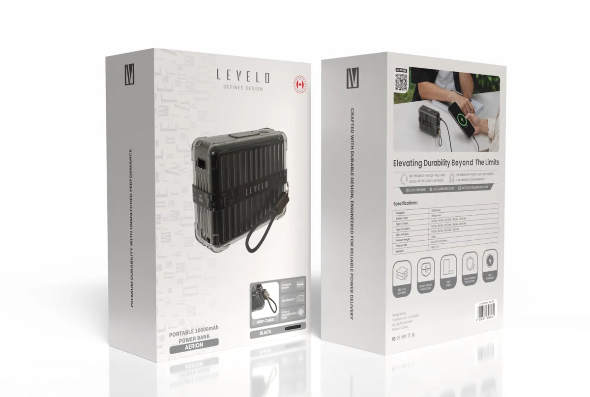 باور بانك ليفيلو Aerion سعة 10000 mAh مع كابل مسكة USB-C – تفاصيل المنتج والعبوة