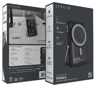 باور بانك ليفيلو Osaka مغناطيسي سعة 10000 mAh مع مروحة ومسند – رمادي داكن – تفاصيل المنتج والعبوة