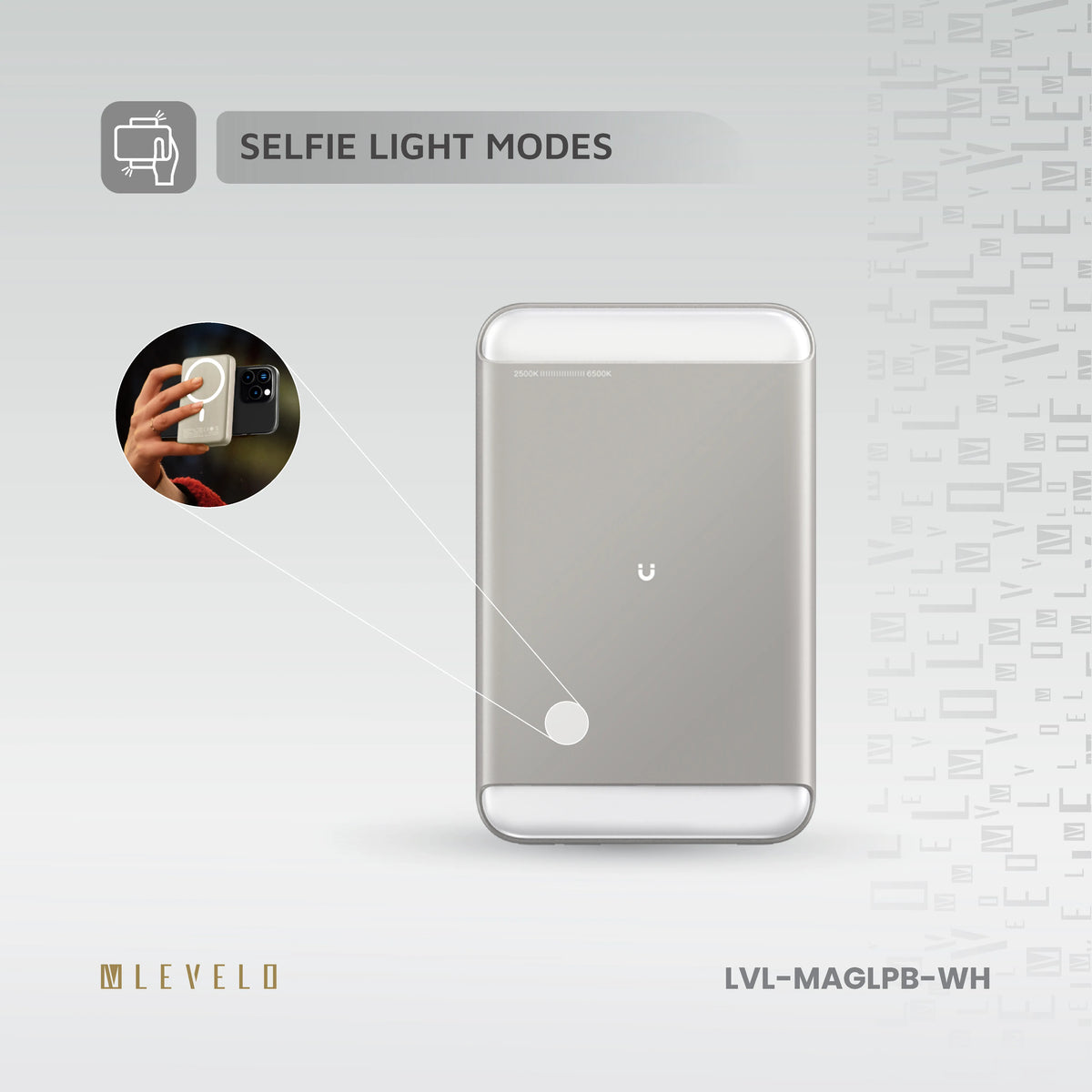 باور بانك ليفيلو MagLight سعة 8000 mAh بقدرة 20 W مع إضاءة تصوير – أبيض – تفاصيل المنتج والعبوة