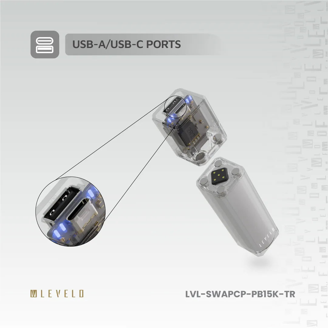 باور بانك ليفيلو SwapCell Pro بسعة إجمالية 15000 mAh ورؤوس قابلة للتبديل – شفاف – تفاصيل المنتج والعبوة