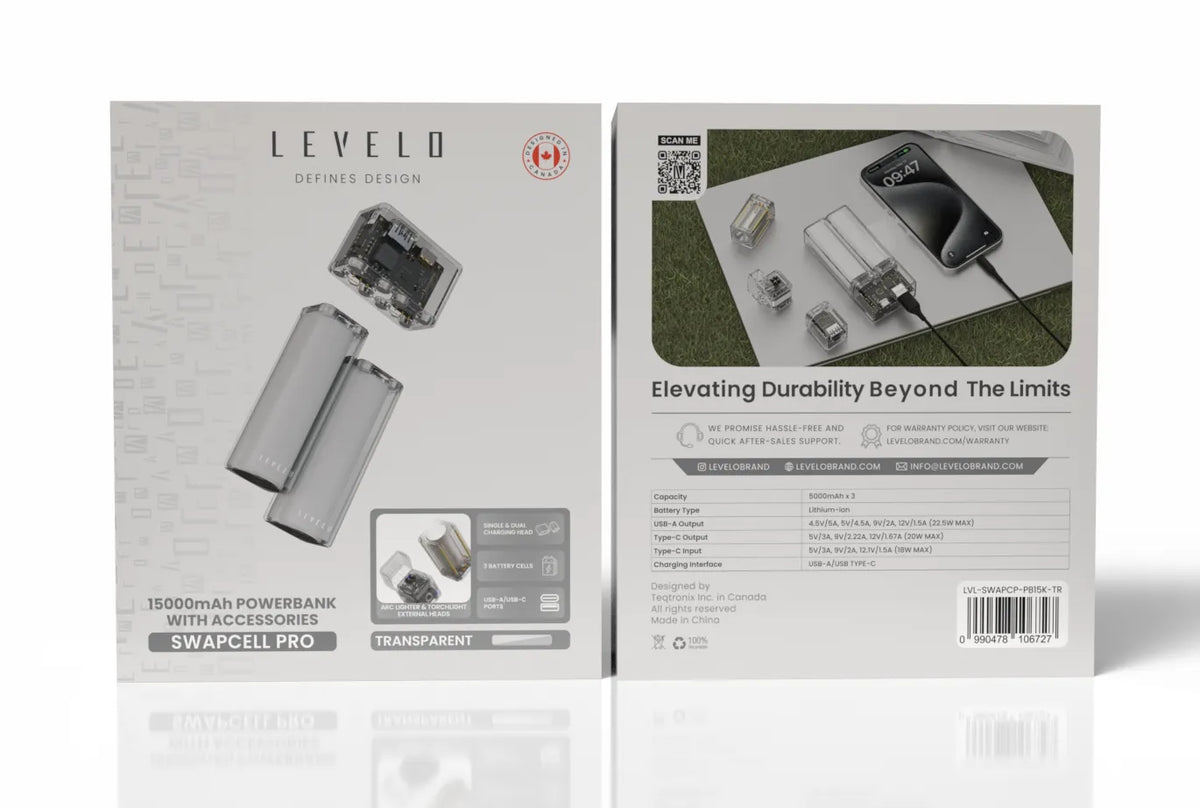 باور بانك ليفيلو SwapCell Pro بسعة إجمالية 15000 mAh ورؤوس قابلة للتبديل – شفاف – تفاصيل المنتج والعبوة