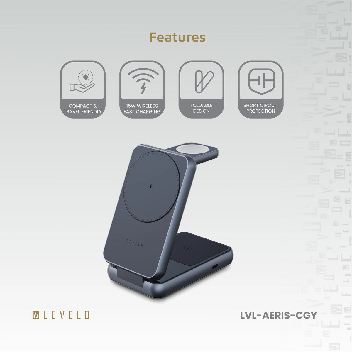 شاحن لاسلكي ليفيلو Aeris قابل للطي 3 في 1 – رمادي سحابي – صورة المنتج