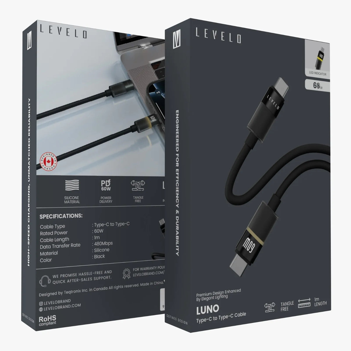 كابل ليفيلو Luno من USB-C إلى USB-C بقدرة 60 واط – متر واحد – أسود – تفاصيل المنتج والعبوة