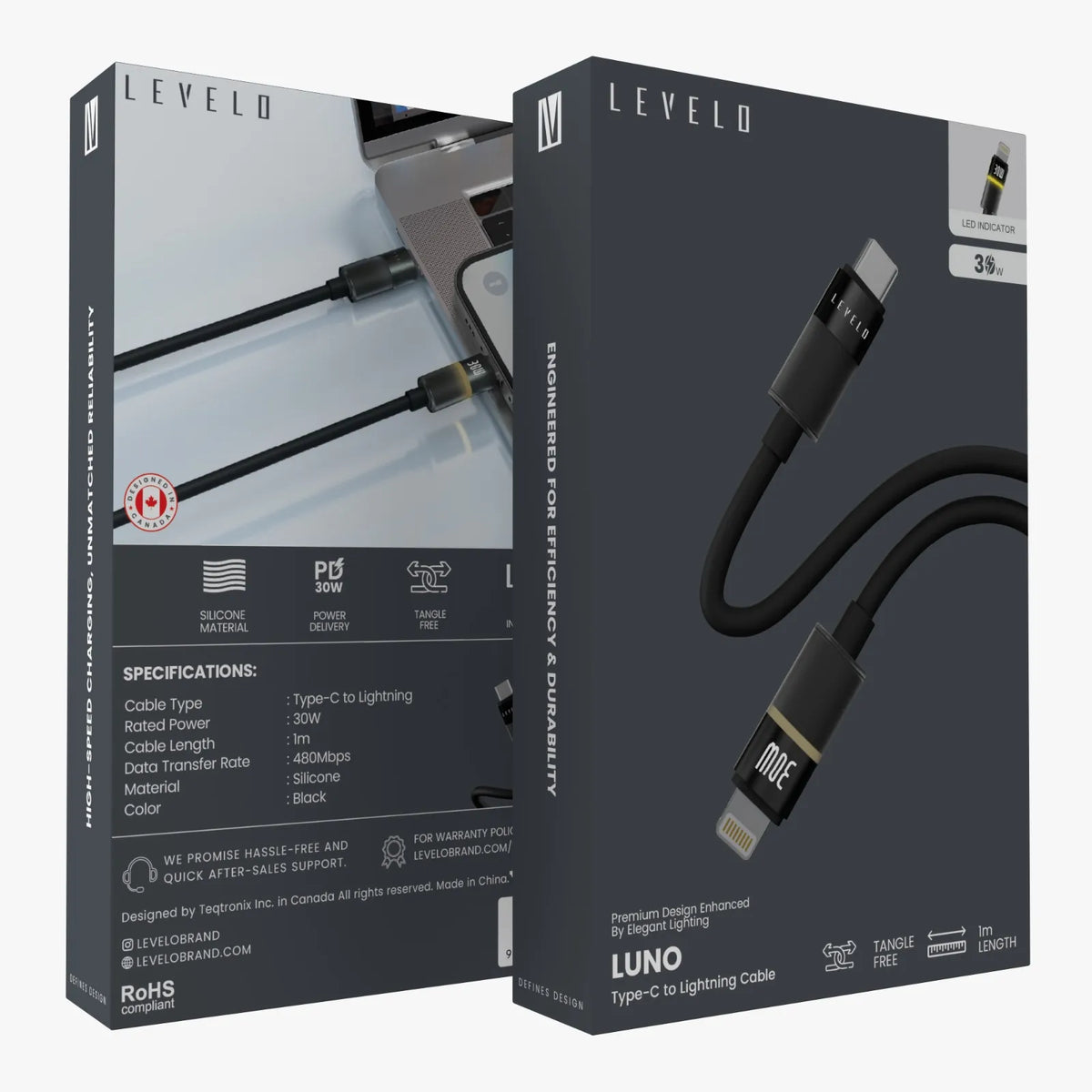 كابل ليفيلو Luno من USB-C إلى Lightning بقدرة 30 واط – متر واحد – أسود – تفاصيل المنتج والعبوة