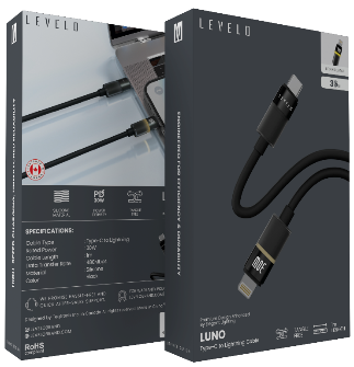 كابل ليفيلو Luno من USB-C إلى Lightning بقدرة 30 واط – متر واحد – أسود – تفاصيل المنتج والعبوة
